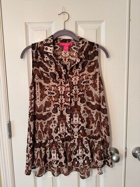 Sleeveless Brown Animal-Print Peplum Top